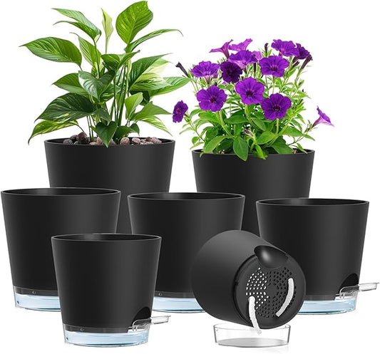 Meowell Self Watering Pots Set of 7 – Assorted Size 4" to 8" Indoor Plant Pots with Drainage Holes and Clear Reservoir for Visible Water Level, Plastic Wicking Planter for House Plants & Flower, Black