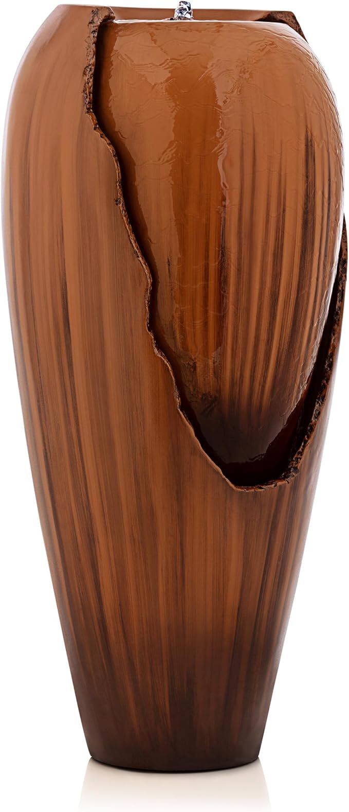 Alpine Corporation 33" Tall Outdoor Vintage Cascading Antique Jar Water Fountain with LED Lights for Gardens, Patios, and Yards, Brown