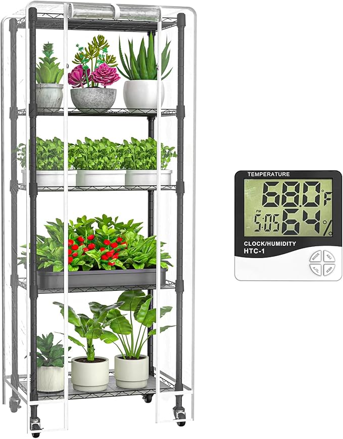Mini 5-Tier Greenhouse for Indoor Outdoor, 23.2" L×13.4" W×61.4" H Portable Greenhouse with Clear PVC Cover and Metal Shelf for Growing Vegetables, Flowers and Seedlings, with Wheels