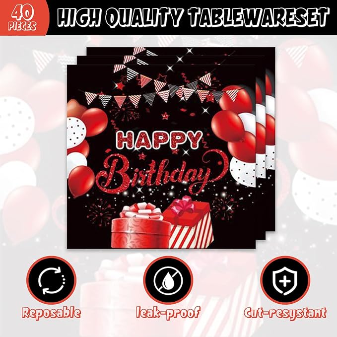 48Pcs Red and Black Birthday Decorations,Birthday Party Supplies Plates Napkins and Forks Set for Men Women，Serves 16