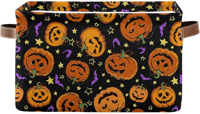 Halloween Pumpkin Spooky Storage Basket Fabric Kitchen Baskets Purple Bat Black Open Home Storage Bins Boxes Foldable Organizer Bag for Baby Cloth Book Shelf Closet Baskets 2 Pack 16×12×8 Inches