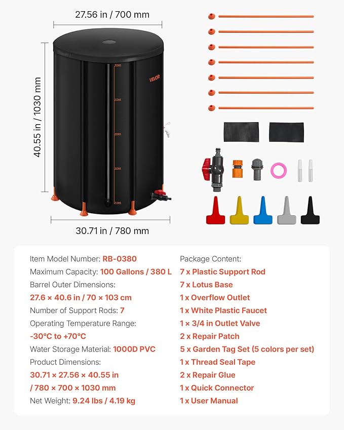 VEVOR Collapsible Rain Barrel, 100 Gallon Portable Rain Water Collection Barrel, 1000D PVC Rainwater Collection System, Garden Water Catcher Tank Storage Container with Spigot & Overflow Kit, Black