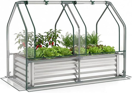 HAPPYGRILL 4 x 2 x 3 FT Galvanized Raised Garden Bed with Cover, Metal Elevated Planter Box with Dual Roll-up Windows for Vegetables Herbs Flowers, Mini Greenhouse for Outdoor Patio Balcony (Sliver)