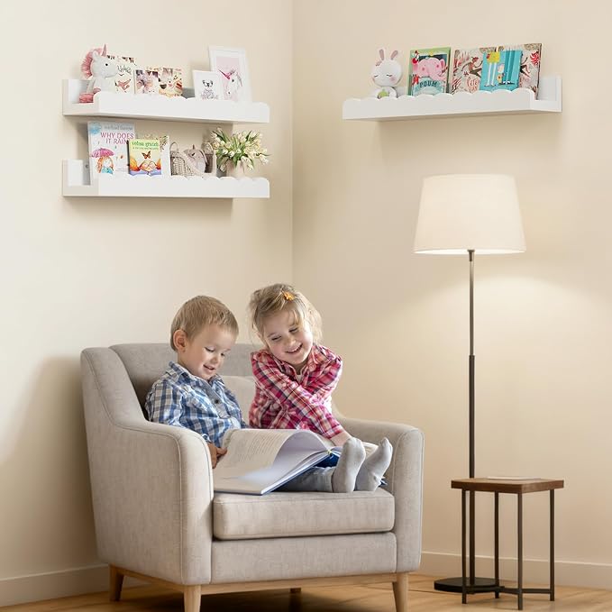 3-Pack Scalloped Shelves, Nursery Shelves, Floating Book Shelves for Wall | White Wall Shelves for Bedroom Kids, Toddler Room, Baby Room, Nursery Decor