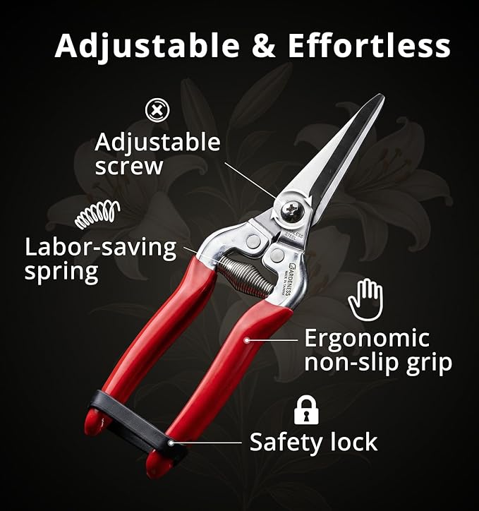 Gardeness Stainless Steel Pruning Snips with Serrated Blade, Adjustable Joint Screw Micro-Tip Garden Scissors for Harvesting Herbs, Fruit, and Floral Arranging, Corrosion-Resistant & Made in Taiwan