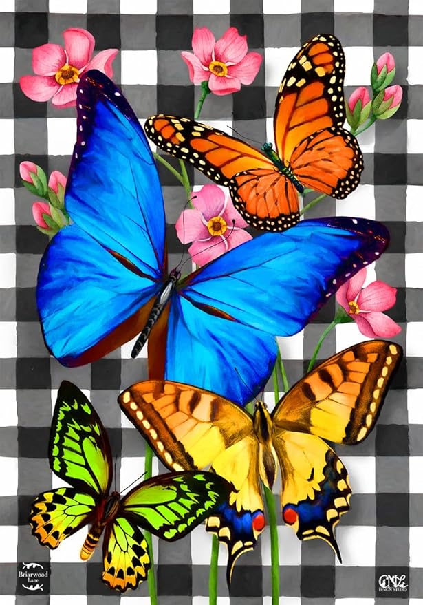 Checkered Butterflies Spring Garden Flag Floral 12.5" x 18" Briarwood Lane