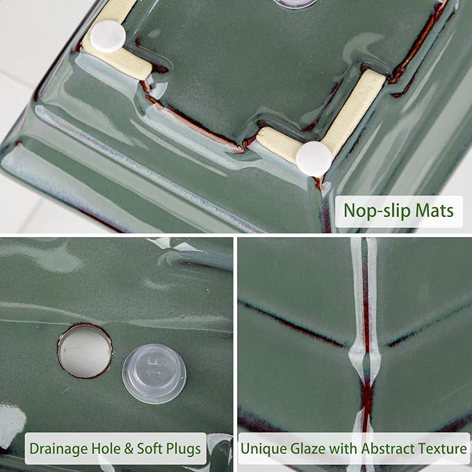 Ceramic Bonsai Pots with Drainage Hole Set of 2, Green Glazed Bonsai Planters for Indoor/Outdoor Use, Rectangular Shallow Bonzai Tree Pot for Succulent, Orchids, Cacti, Home, Patio, Garden, 8.7"x5.9"