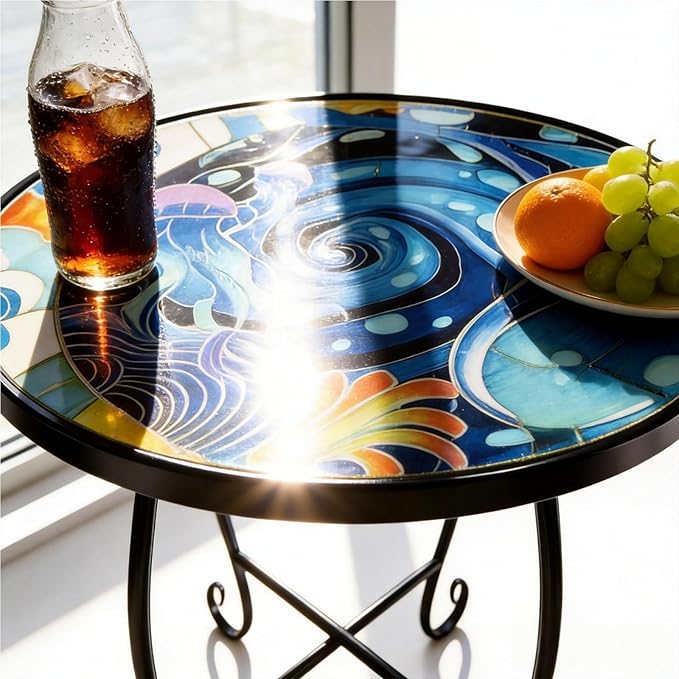15 Inch Jellyfish Mosaic Side Tables (Set of 2) - Small Outdoor Round Folding Tables with Weather-Resistant Metal Frame, Coastal Accent End Table for Patio, Balcony, Garden