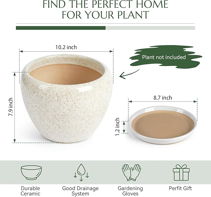 10.2 Inch Ceramic Planter with Saucer Leak-Proof Mesh &Drainage, Round Plant Pot with Gardening Gloves for Indoor Outdoor Plants
