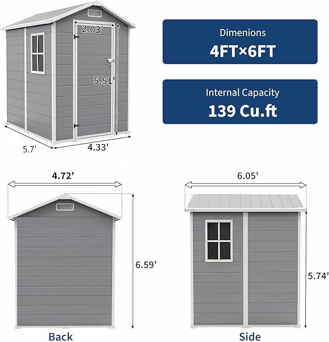 Outdoor Storage Shed with Floor, Plastic Resin Garden Shed with Window & Sloping Roof & Lockable Door for Patio Backyard Garden, Lawn Mower, Bike, Tool Storage (Light Gray, 4' x 6')