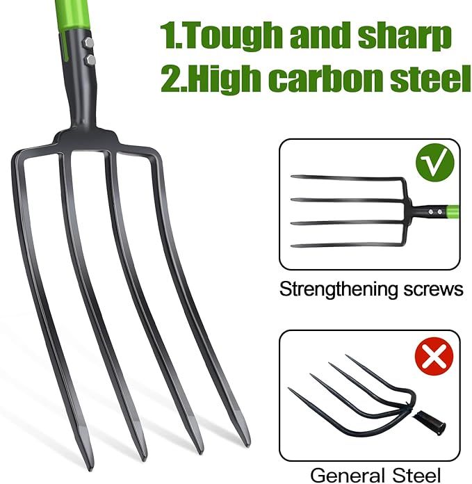 GARDENWORK Pitch Fork,Pitch Forks for Garden,45-Inch Gardening Fork with 4 Tines,Heavy Duty Digging Spading Fork for Compost,Manure,Mulch,Aeration,Steel Handle & Strengthen Fork Head