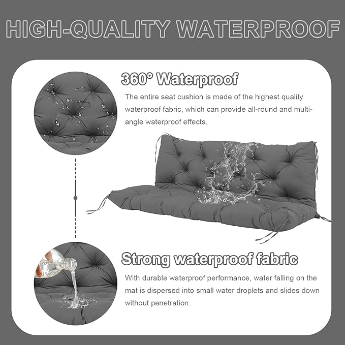 Premium 5"Thick Waterproof Outdoor Swing Cushions Sturdy Durable 2-3 Seat Replacement Porch Swing Cushions with Backrest&Ties Bench Cushion for Outdoor Furniture Backyard Patio(Gray60x40inch)