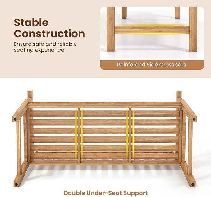 Tangkula 51" Teak Wood Outdoor Bench, 2-Person Solid Wood Garden Patio Bench with Backrest and Armrests, Wooden Loveseat Seating Furniture for Porch, Balcony, Backyard and Deck
