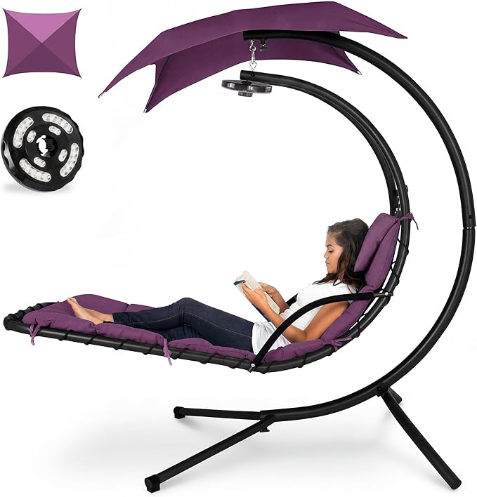 Best Choice Products Hanging LED-Lit Curved Chaise Lounge Chair Swing for Backyard, Patio, Lawn w/ 3 Light Settings, Weather-Resistant Pillow, Removable Canopy Shade, Steel Stand - Purple