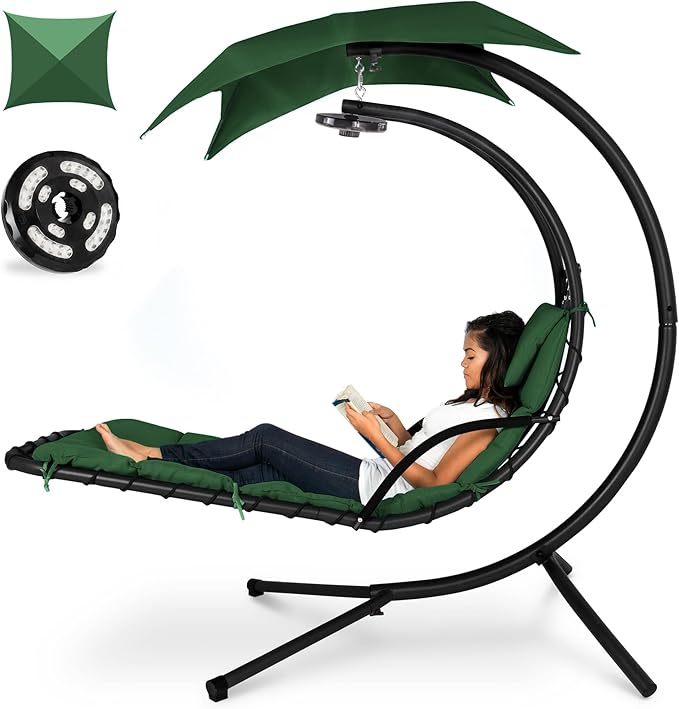 Best Choice Products Hanging LED-Lit Curved Chaise Lounge Chair Swing for Backyard, Patio, Lawn w/ 3 Light Settings, Weather-Resistant Pillow, Removable Canopy Shade, Steel Stand - Green