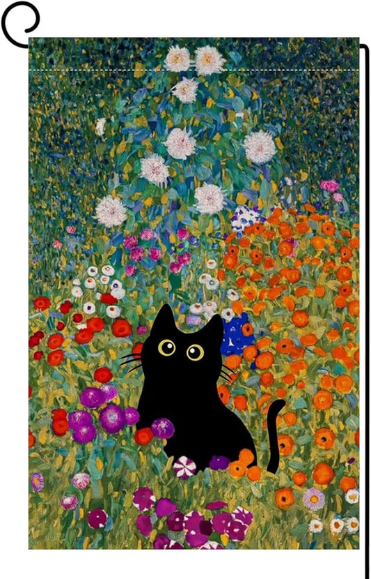 BLKWHT Spring Cat Garden Flag 12x18 Vertical Double Sided Colorful Floral Farmhouse Holiday Outside Decorations Burlap Yard Flag BW571-12