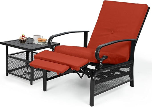 Oakcloud Adjustable Outdoor Lounge Chair Metal Patio Relaxing Recliner Chair Set with Bistro Table and Removable Cushions(Red)