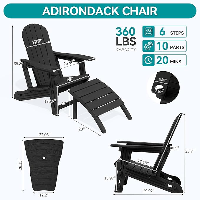 Vongrasig Adirondack Chairs Set of 2 with Removable Tabletop and Footrest, HDPE Plastic Outdoor Chair Set with Wooden Textured, Cup Holder for Patio, Poolside, Garden, Black, 5 Pieces
