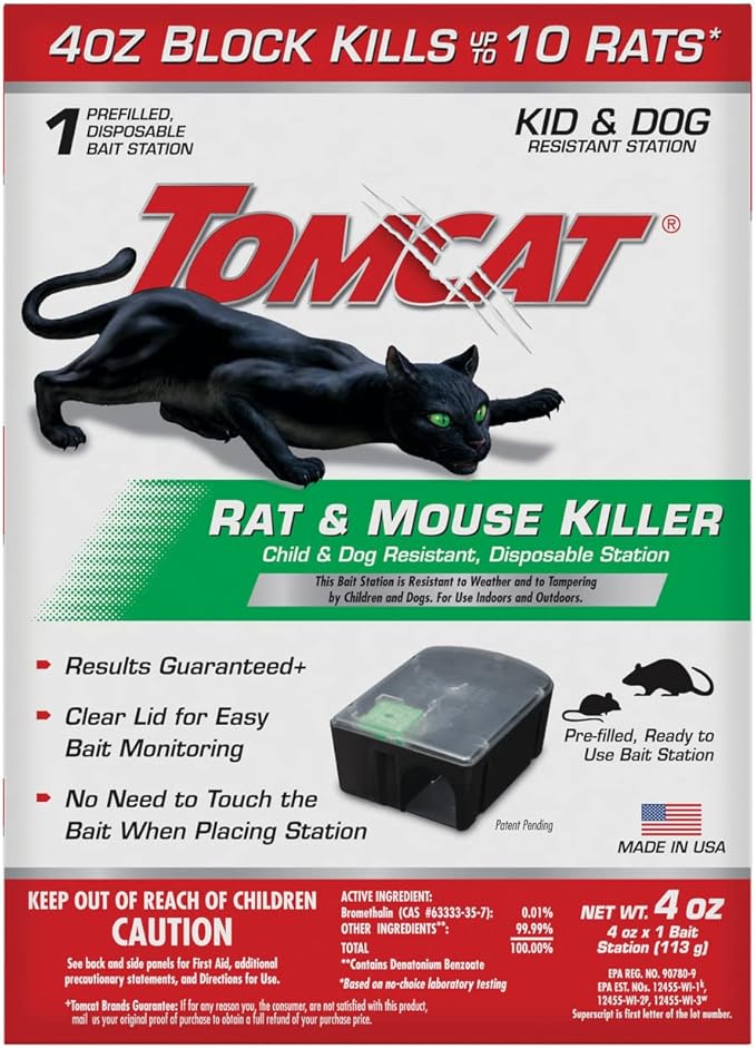 Tomcat Rat & Mouse Killer, Child & Dog Resistant, Disposable Station | 1 Pre-Filled Ready-To-Use Bait Station, Indoor and Outdoor Use, Weather Resistant, Easy Monitoring
