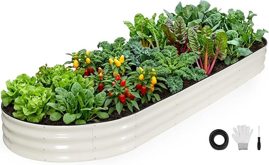 INNO STAGE Galvanized Raised Garden Bed, 12x4x1FT Oval Metal Raised Garden Beds for Vegetables, Rust-Resistant & Easy Assembly, Outdoor Planter Box for Gardening, Flowers, Herbs (White)
