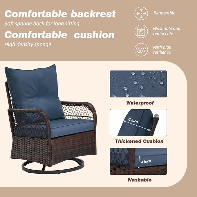 MELLCOM 3 Piece Patio Set, Outdoor Swivel Rocker Patio Chairs with Thick Cushions and Glass Table for Balcony Front Porch Poolside Garden Deck, Blue