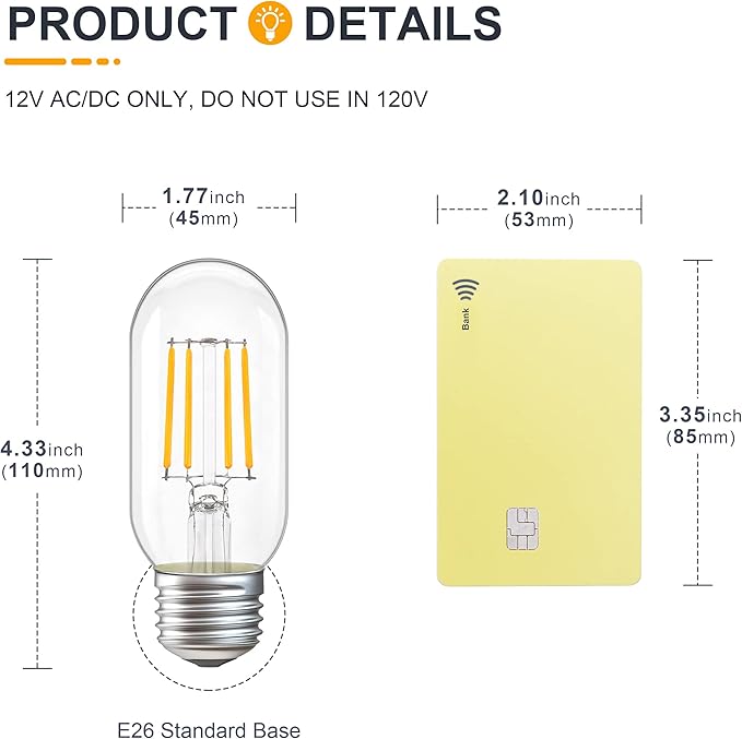 12V Low Voltage LED Tube Light Bulbs - Soft Warm 2700K 4W (Only for 12 Volt DC/AC)- 40W Equivalent E26 Standard Base T45 Bulb for RV, Landscape, Solar Battery System - 6 Pack