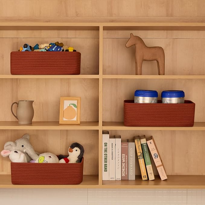 MiniArk Large Shallow Organizing Baskets 15x11x5.1 Inches - Rope Woven Storage Bins for Bathroom, Shelves, Cube Closet, Red 3 Packs