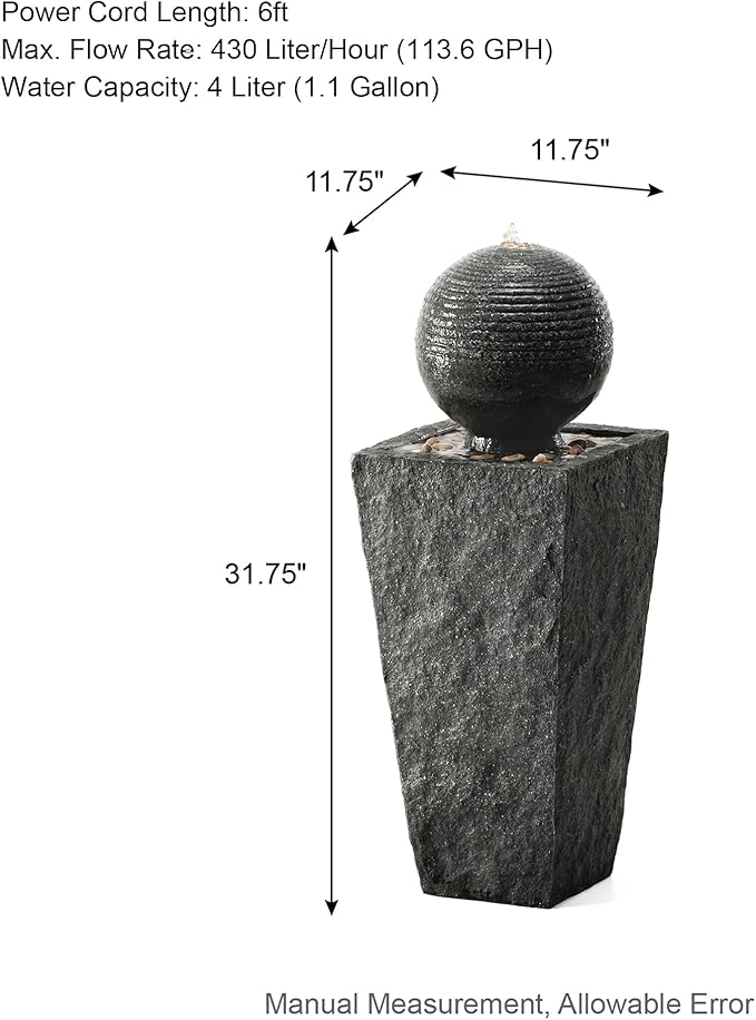 Glitzhome Outdoor Water Fountain, Outdoor Fountain with Pebbles, Pump and LED Light, 31.75" H Modern Geometric Pedestal and Sphere Polyresin Waterfall Fountain for Patio, Backyard, Garden, Deck Decor
