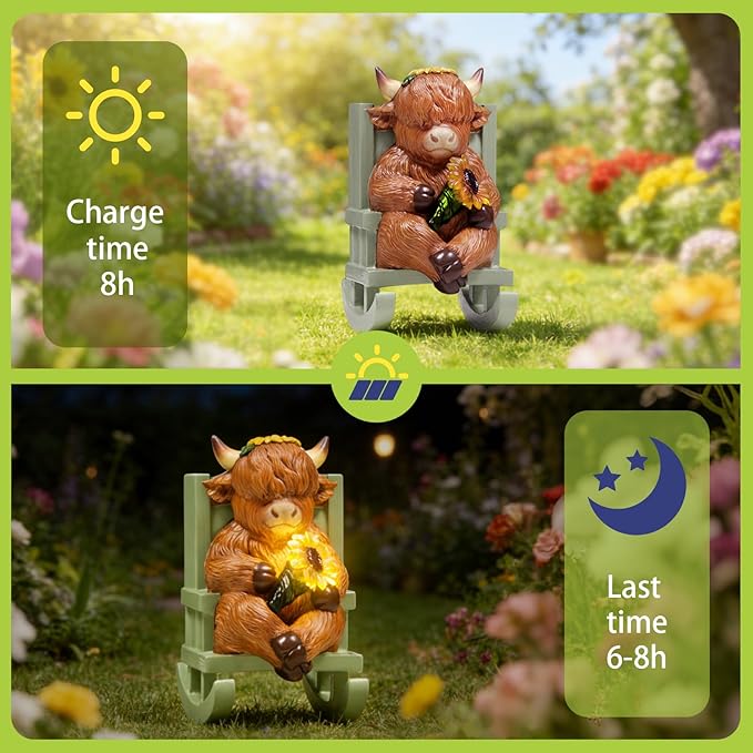 Sheaifun Solar Garden Statues Highland Cow Garden Decor Resin Highland Cow Statue with Light Animal Figurine Outdoor Yard Patio Lawn Decoration Housewarming Gardening Gifts for Women 3.5 * 5 * 6.5 in