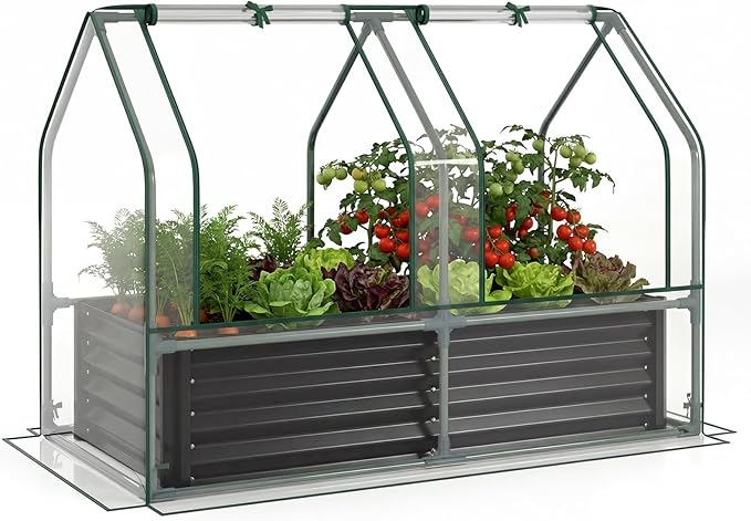HAPPYGRILL 4 x 2 x 3 FT Galvanized Raised Garden Bed with Cover, Metal Elevated Planter Box with Dual Roll-up Windows for Vegetables Herbs Flowers, Mini Greenhouse for Outdoor Patio Balcony (Black)