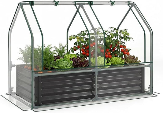 HAPPYGRILL 4 x 2 x 3 FT Galvanized Raised Garden Bed with Cover, Metal Elevated Planter Box with Dual Roll-up Windows for Vegetables Herbs Flowers, Mini Greenhouse for Outdoor Patio Balcony (Black)