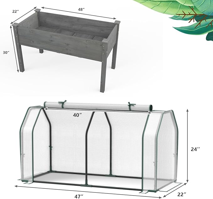Giantex Raised Garden Bed with Mini Greenhouse, w/Dual Zipper Door, 48”x22”x54” Planter with Green House for Patio Lawn Garden, Easy Assembly (Gray & White)