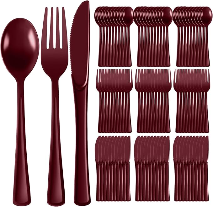 Plastic Silverware 300 PCS Disposable Silverware Heavy Duty Utensil Sets 100 Of Each Forks Knives & Spoons Disposable Cutlery Set For Easter,Birthday,Baby Shower,Garden Party,Wedding(300,Burgundy)