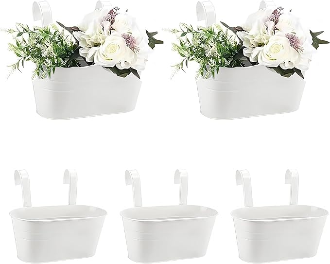 10.6" Oval Iron Hanging Flower Pots - Rust-Resistant Metal Planters with Detachable Hooks for Garden, Yard & Home Decor (White，5 PCS)