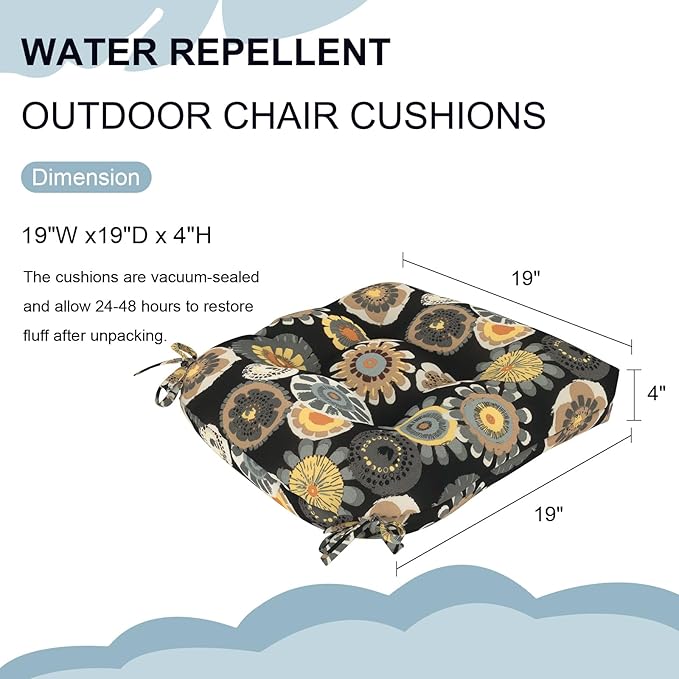 DYTXIII Set of 2 Outdoor Chair Cushions 19"x19"x4", Water Repellent Tufted Patio Seat Cushions with Ties, Thick Replacement Pads for Wicker Dining Chairs, Patio Furniture, Black Yellow Crosby