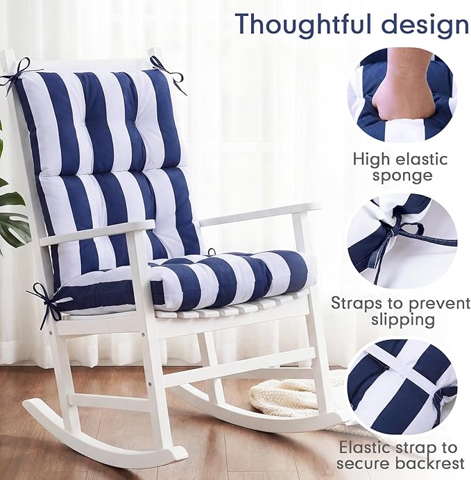 Hoteam 6 Pcs High Back Chair Cushions Set - 44'' x 21'' Indoor Outdoor Waterproof Soft Thicken Stripes Replaceable Cushion for Garden Summer Rocking Chair, Patio Furniture (Navy Blue Stripes)