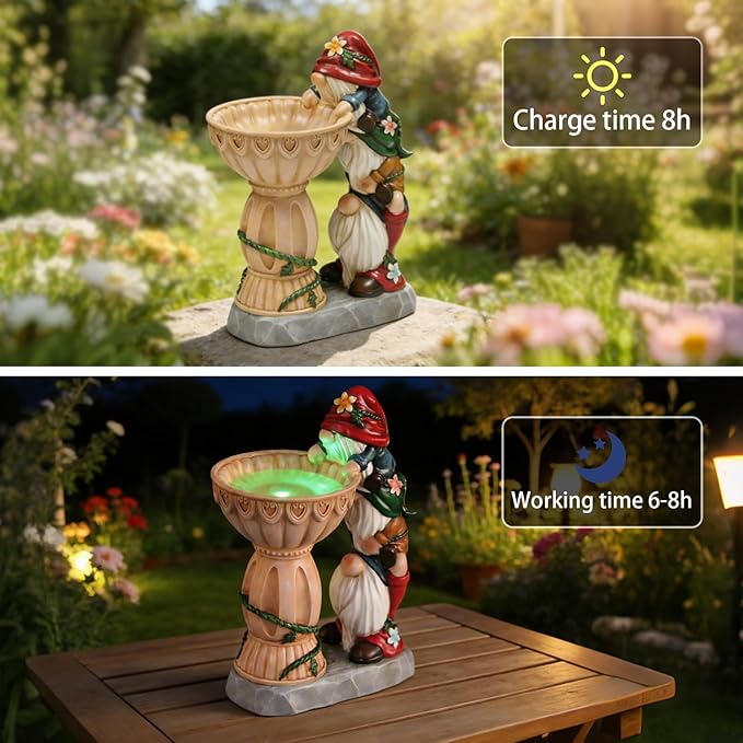 Sheaifun Garden Gnomes Outdoor Gnomes Garden Decorations for Yard Colorful Lights Resin Solar Outdoor Statues with Bird Bath Feeder Outside Lawn Patio Housewarming Gifts 6.25 * 4.25 * 9.25 Inch