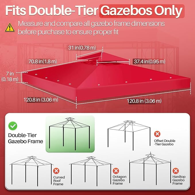 Flexzion Gazebo Cover Replacement Canopy Top 10x10 Ft (3m x 3m) - Double Tier Top Canopy Cover Replacement with UV30+, Dirt, Water Resistant for Outdoor, Sunshade, Garden, Patio, Pavilion (Red)