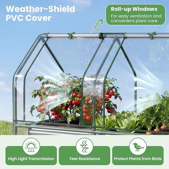 Giantex 4x2x3 FT Galvanized Raised Garden Bed with Greenhouse Cover, Outdoor Elevated Metal Planter Box w/Dual Roll-up Windows, Mini Greenhouse for Patio Balcony Vegetables Herbs Flowers (Silver)
