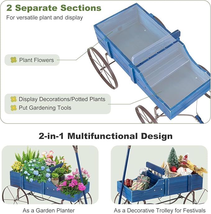 Wooden Wagon Planter, Decorative Flower Pots w/ 2 Planting Sections, Wheels & Handle, Rustic Farmhouse Garden Planter Box for Patio, Yard, Porch (Blue)
