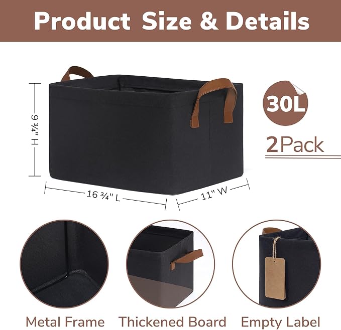 CHICVITA 30L Large Fabric Closet Bins for Shelves, 2Pack, Black | 16 ¾" L x 11" W x 9 ¾" H Storage Baskets for Clothes, Toys & Towels, Fits Bedroom & Living Room Organization, Leather Handles