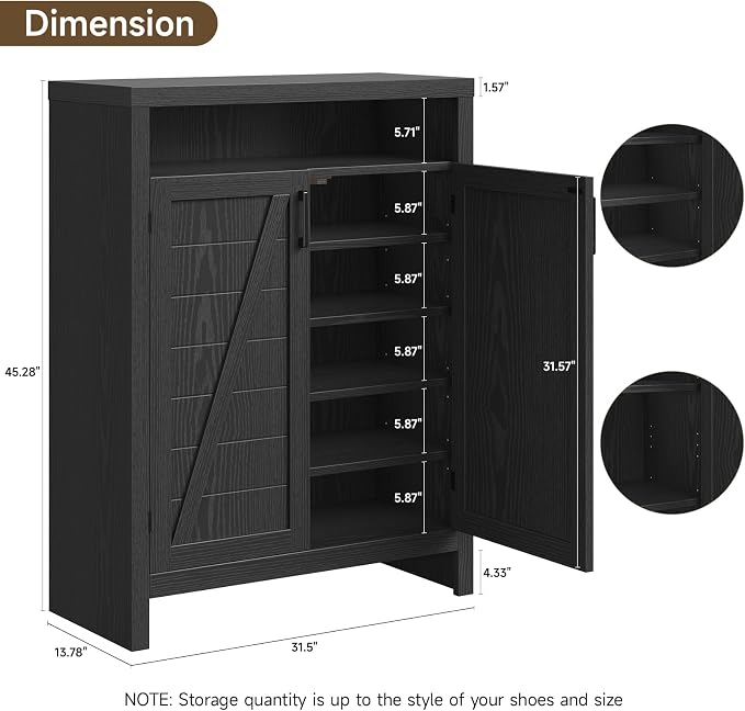 ONBRILL 6-Tier Shoe Cabinet with Doors,Farmhouse Shoe Storage Cabinet,Black