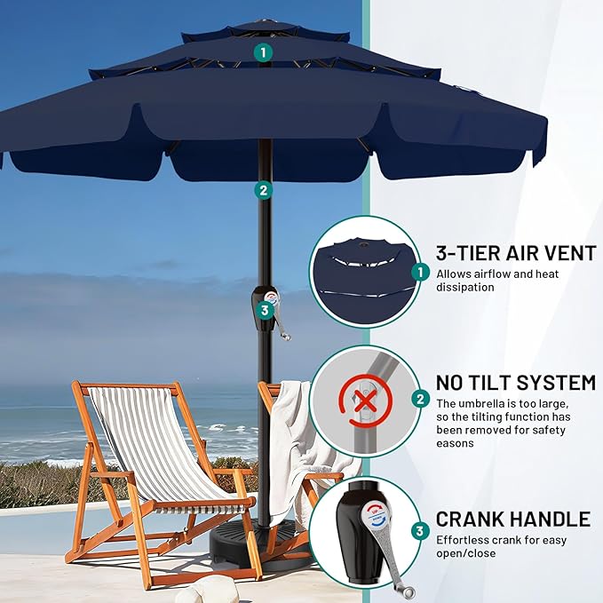 AreShark 12FT 3-Tiers Patio Umbrella with Valance, Outdoor with Crank, Large Outdoor Market Umbrellas Vented with 8 Sturdy Ribs, Patio Table Umbrellas for Garden, Deck, Backyard, Pool, Navy