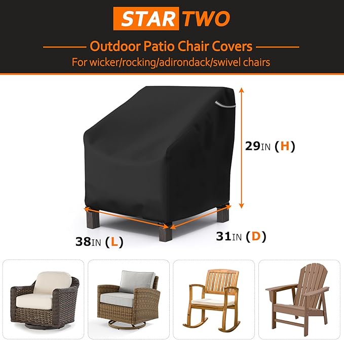 STARTWO Patio Outdoor Chair Covers 2 Pack, Outdoor Furniture Covers Waterproof adapter for Lawn Lounge Seat, Wicker, Swivel, Adirondack, Rocking Chairs, 38"W x 31"D x 29"H inch, Black