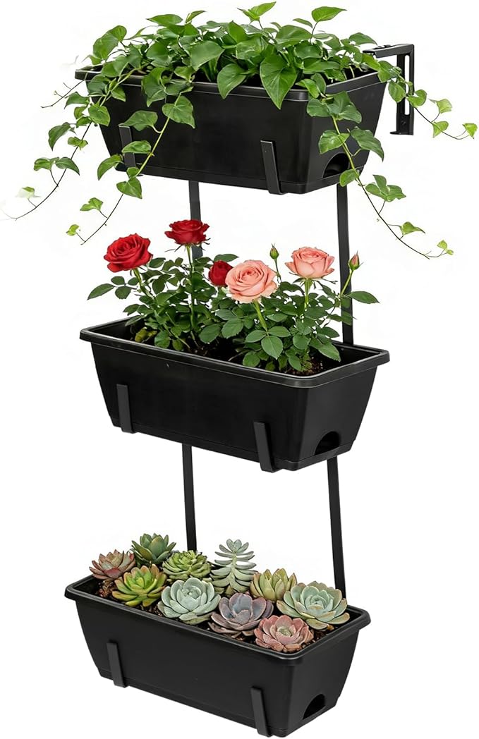 OYEAL Railing Planter Box 3 Tier Vertical Window Boxes Planter Outdoor with Adjustable Brackets & Rectangular Flower Pots Deck Railing Hanging Flower Pots for Patio, Lawn, Porch, Balcony Decor, Black
