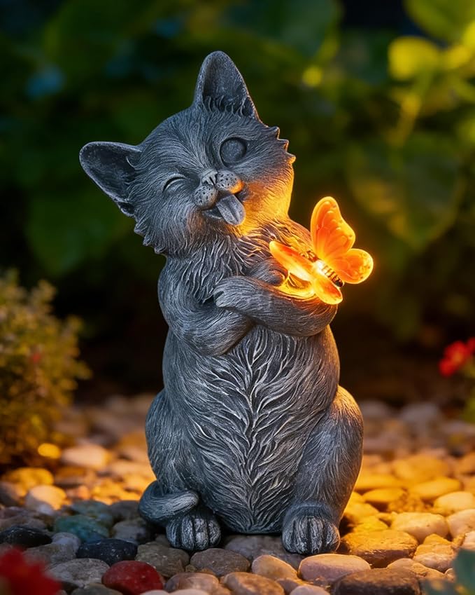 10 Inch Solar Cat Garden Statue with Butterfly LED Light - Unique Gifts for Mom Women Grandma, Sculpture Outdoor Decor for Patio, Porch, Yard, Lawn, Balcony