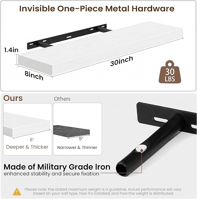 Acovy 30x8in Floating Shelves 2 Pack, Wall Mount Display Shelf, White | Invisible Brackets, 30lb Sturdy MDF, 30in Long, Easy Install, For Bedroom, Bathroom, Living Room, Kitchen & Office