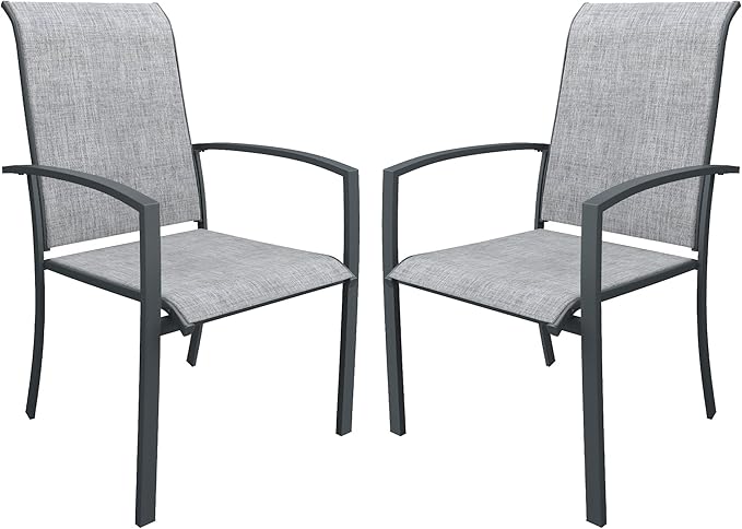 DIFY Patio Chairs Set of 2, Stackable Outdoor Dining Chairs with High Back & Metal Frame, All Weather Breathable Textilene Fabric Outdoor Chairs Set for Backyard Garden Deck, Grey