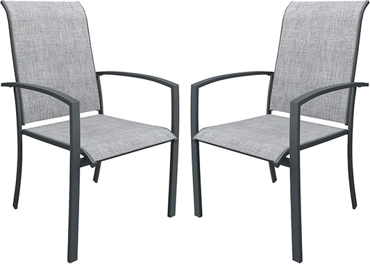 DIFY Patio Chairs Set of 2, Stackable Outdoor Dining Chairs with High Back & Metal Frame, All Weather Breathable Textilene Fabric Outdoor Chairs Set for Backyard Garden Deck, Grey