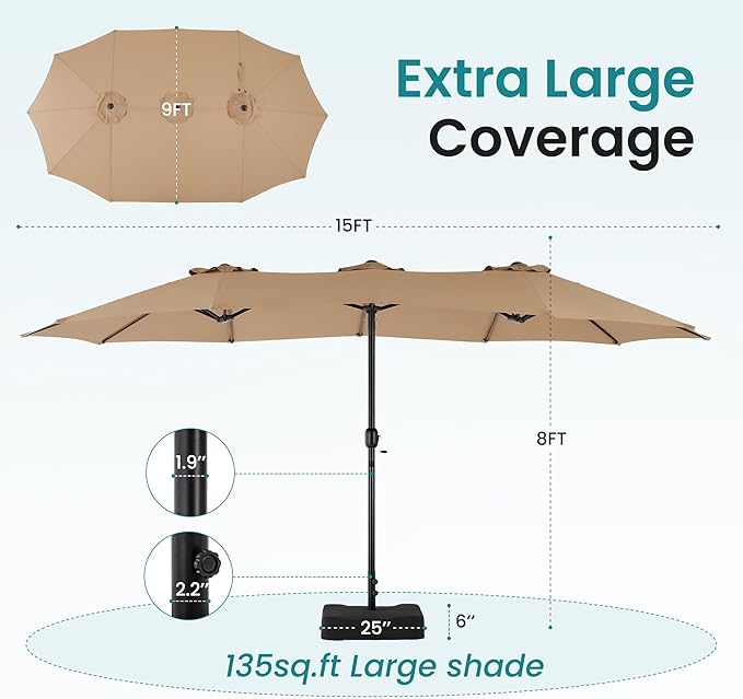 DUMOS 15FT Large Patio Umbrella with Base Included, Rectangle Table Umbrella Outdoor Patio, Outside Umbrellas for Deck, Market, Backyard, Khaki